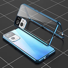 Luxury Aluminum Metal Frame Mirror Cover Case 360 Degrees P02 for Oppo Reno7 Pro 5G Blue