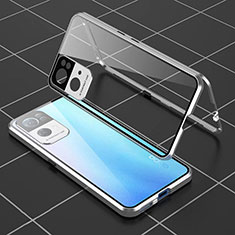 Luxury Aluminum Metal Frame Mirror Cover Case 360 Degrees P02 for Oppo Reno7 Pro 5G Silver