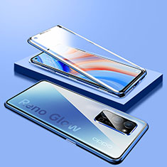 Luxury Aluminum Metal Frame Mirror Cover Case 360 Degrees T01 for Oppo Reno4 5G Blue