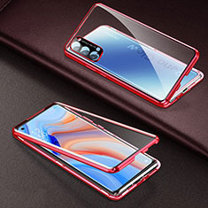 Luxury Aluminum Metal Frame Mirror Cover Case 360 Degrees T03 for Oppo Reno4 5G Red