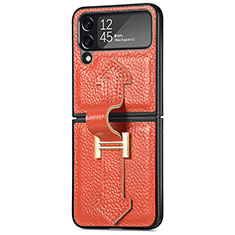 Luxury Leather Matte Finish and Plastic Back Cover Case B04 for Samsung Galaxy Z Flip4 5G Orange