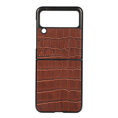 Luxury Leather Matte Finish and Plastic Back Cover Case B05 for Samsung Galaxy Z Flip3 5G Brown