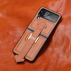 Luxury Leather Matte Finish and Plastic Back Cover Case B05 for Samsung Galaxy Z Flip4 5G Brown