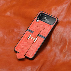 Luxury Leather Matte Finish and Plastic Back Cover Case B05 for Samsung Galaxy Z Flip4 5G Orange