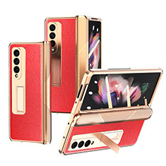 Luxury Leather Matte Finish and Plastic Back Cover Case C01 for Samsung Galaxy Z Fold3 5G Red