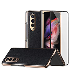Luxury Leather Matte Finish and Plastic Back Cover Case C02 for Samsung Galaxy Z Fold3 5G Black