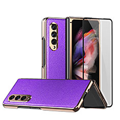 Luxury Leather Matte Finish and Plastic Back Cover Case C02 for Samsung Galaxy Z Fold3 5G Purple