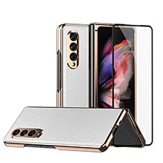Luxury Leather Matte Finish and Plastic Back Cover Case C02 for Samsung Galaxy Z Fold3 5G White