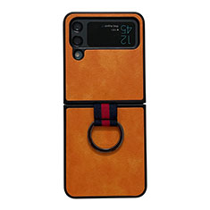 Luxury Leather Matte Finish and Plastic Back Cover Case C04 for Samsung Galaxy Z Flip4 5G Orange