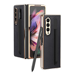 Luxury Leather Matte Finish and Plastic Back Cover Case C04 for Samsung Galaxy Z Fold3 5G Black