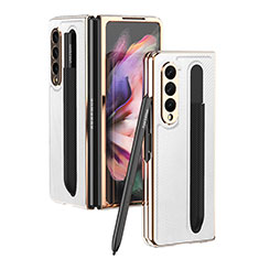 Luxury Leather Matte Finish and Plastic Back Cover Case C04 for Samsung Galaxy Z Fold3 5G White