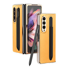 Luxury Leather Matte Finish and Plastic Back Cover Case C04 for Samsung Galaxy Z Fold3 5G Yellow