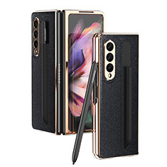 Luxury Leather Matte Finish and Plastic Back Cover Case C05 for Samsung Galaxy Z Fold3 5G Black