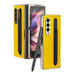 Luxury Leather Matte Finish and Plastic Back Cover Case C05 for Samsung Galaxy Z Fold3 5G Yellow