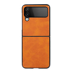 Luxury Leather Matte Finish and Plastic Back Cover Case C07 for Samsung Galaxy Z Flip4 5G Orange