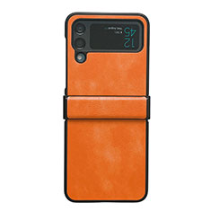 Luxury Leather Matte Finish and Plastic Back Cover Case C08 for Samsung Galaxy Z Flip4 5G Orange
