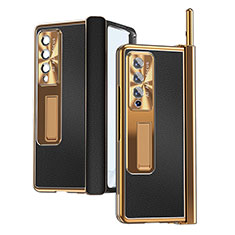 Luxury Leather Matte Finish and Plastic Back Cover Case C09 for Samsung Galaxy Z Fold3 5G Gold and Black