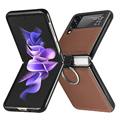Luxury Leather Matte Finish and Plastic Back Cover Case for Samsung Galaxy Z Flip3 5G Brown