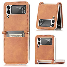 Luxury Leather Matte Finish and Plastic Back Cover Case H01 for Samsung Galaxy Z Flip3 5G Brown