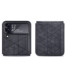 Luxury Leather Matte Finish and Plastic Back Cover Case H01 for Samsung Galaxy Z Flip4 5G Black