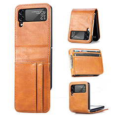 Luxury Leather Matte Finish and Plastic Back Cover Case H03 for Samsung Galaxy Z Flip3 5G Brown