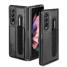 Luxury Leather Matte Finish and Plastic Back Cover Case H04 for Samsung Galaxy Z Fold4 5G Black