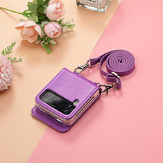 Luxury Leather Matte Finish and Plastic Back Cover Case H05 for Samsung Galaxy Z Flip3 5G Purple