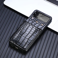 Luxury Leather Matte Finish and Plastic Back Cover Case H05 for Samsung Galaxy Z Flip4 5G Black