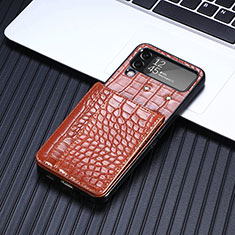 Luxury Leather Matte Finish and Plastic Back Cover Case H05 for Samsung Galaxy Z Flip4 5G Brown
