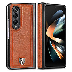 Luxury Leather Matte Finish and Plastic Back Cover Case H05 for Samsung Galaxy Z Fold4 5G Brown