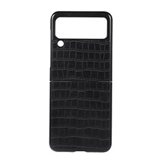 Luxury Leather Matte Finish and Plastic Back Cover Case H06 for Samsung Galaxy Z Flip3 5G Black