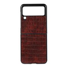 Luxury Leather Matte Finish and Plastic Back Cover Case H06 for Samsung Galaxy Z Flip3 5G Brown