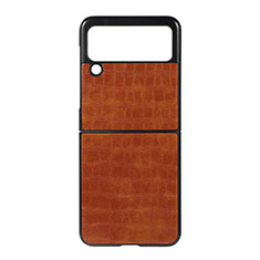Luxury Leather Matte Finish and Plastic Back Cover Case H06 for Samsung Galaxy Z Flip3 5G Light Brown