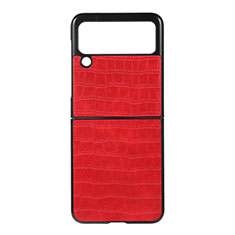 Luxury Leather Matte Finish and Plastic Back Cover Case H06 for Samsung Galaxy Z Flip3 5G Red