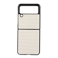 Luxury Leather Matte Finish and Plastic Back Cover Case H06 for Samsung Galaxy Z Flip3 5G White