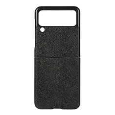 Luxury Leather Matte Finish and Plastic Back Cover Case H09 for Samsung Galaxy Z Flip3 5G Black