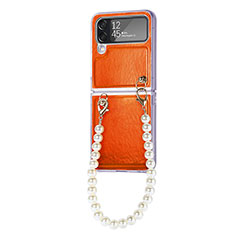 Luxury Leather Matte Finish and Plastic Back Cover Case H09 for Samsung Galaxy Z Flip4 5G Orange