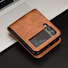 Luxury Leather Matte Finish and Plastic Back Cover Case JD1 for Samsung Galaxy Z Flip4 5G Brown