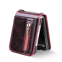 Luxury Leather Matte Finish and Plastic Back Cover Case JD3 for Samsung Galaxy Z Flip3 5G Red
