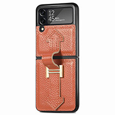 Luxury Leather Matte Finish and Plastic Back Cover Case L05 for Samsung Galaxy Z Flip3 5G Orange