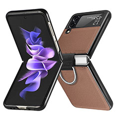 Luxury Leather Matte Finish and Plastic Back Cover Case L06 for Samsung Galaxy Z Flip3 5G Brown