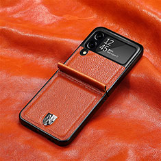 Luxury Leather Matte Finish and Plastic Back Cover Case L08 for Samsung Galaxy Z Flip3 5G Orange