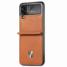 Luxury Leather Matte Finish and Plastic Back Cover Case L09 for Samsung Galaxy Z Flip3 5G Brown