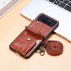 Luxury Leather Matte Finish and Plastic Back Cover Case L09 for Samsung Galaxy Z Flip4 5G Brown