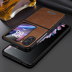 Luxury Leather Matte Finish and Plastic Back Cover Case LD1 for Oppo Find N2 Flip 5G Brown