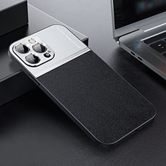 Luxury Leather Matte Finish and Plastic Back Cover Case QC1 for Apple iPhone 13 Pro Max Silver