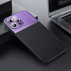 Luxury Leather Matte Finish and Plastic Back Cover Case QC1 for Apple iPhone 14 Pro Purple