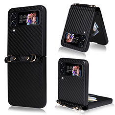 Luxury Leather Matte Finish and Plastic Back Cover Case R01 for Samsung Galaxy Z Flip3 5G Black