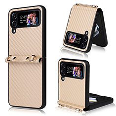 Luxury Leather Matte Finish and Plastic Back Cover Case R01 for Samsung Galaxy Z Flip3 5G Gold