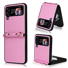 Luxury Leather Matte Finish and Plastic Back Cover Case R01 for Samsung Galaxy Z Flip3 5G Hot Pink